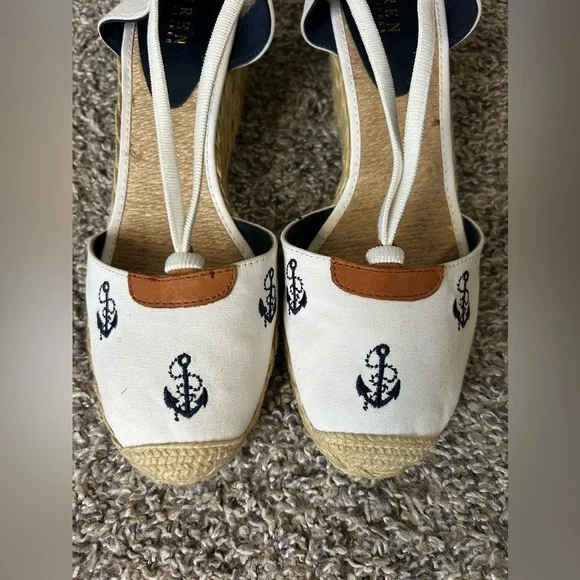 Lauren Ralph Lauren Coastal Nautical white/blue anchor straw heels size 11B - Picture 3 of 8